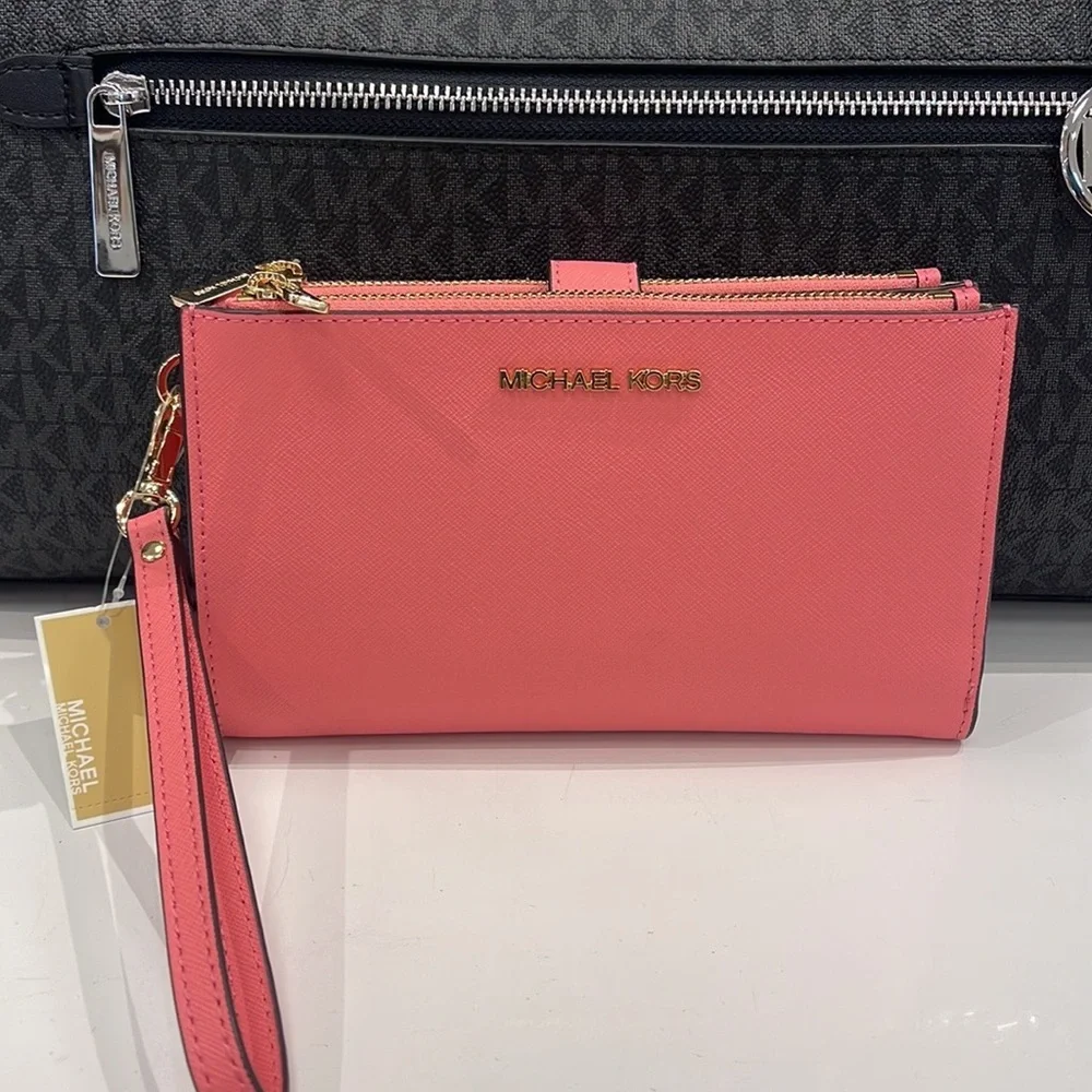 MICHAEL KORS LARGE DOUBLE ZIP WRISTLET WALLET PHONE CASE CLUTCH Tea Rose NWT